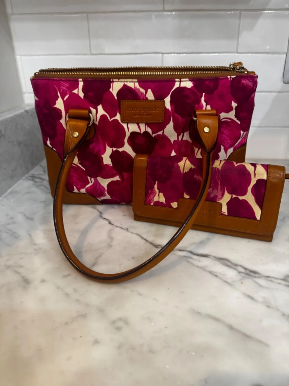 Kate Spade Floral Canvas and Leather Purse with Matching Wallet